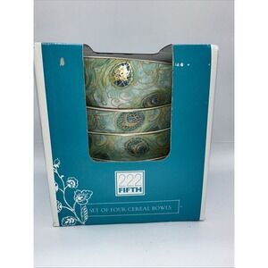 222 Fifth LAKSHMI PEACOCK Soup Cereal Bowls‎ ROUND 5.5" SET OF 4 NEW